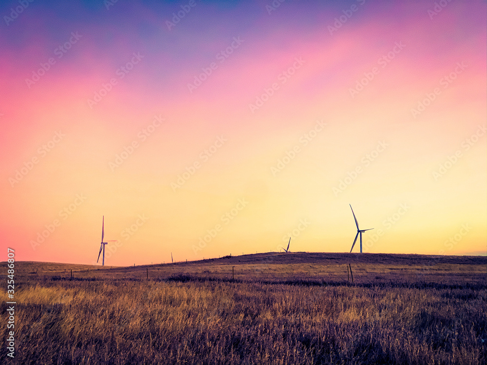 Obraz premium Looking out over a field of brown grass with turbines on the horizon against a beautiful sky.