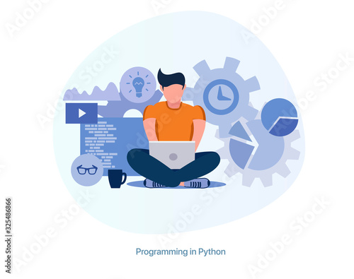 Programmer works at a laptop, freelancer. An employee programs and fixes bugs.