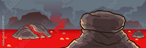 Lava lake cartoon background landscape. Vector clip art illustration with simple gradients. Some elements on separate layers.