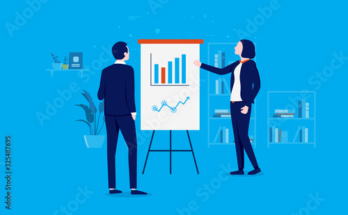 Business woman doing a presentation on flip board at work. Female leader holding lecture in office, teaching men, workshop and pitching concept. Vector illustration.