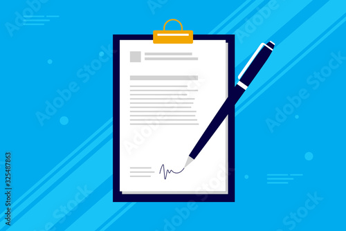 Business contract signing - Pen signing a contract on clipboard with blue background. Simple corporate vector illustration.