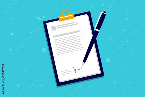 Signing document - Pen making a signature on a contract, rental paper or a treaty with a clipboard. No hands, no people. Vector illustration.