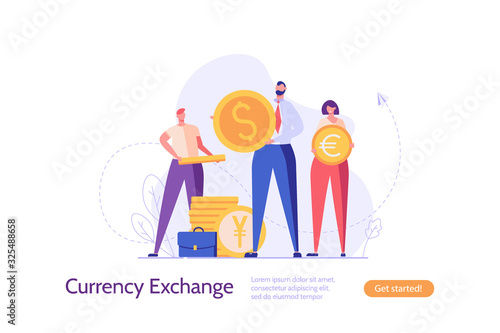 People exchange money in different currency with coins euro dollar  yen. Concept of banking, currency exchange, digital currencies. Vector illustration in flat design for UI, web banner, mobile app