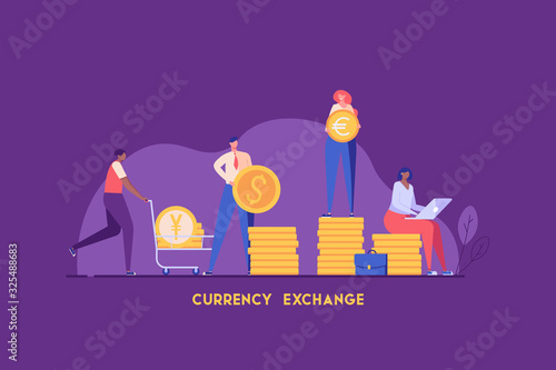 People exchange money in different currency with coins euro dollar  yen. Concept of banking, currency exchange, digital currencies. Vector illustration in flat design for UI, web banner, mobile app
