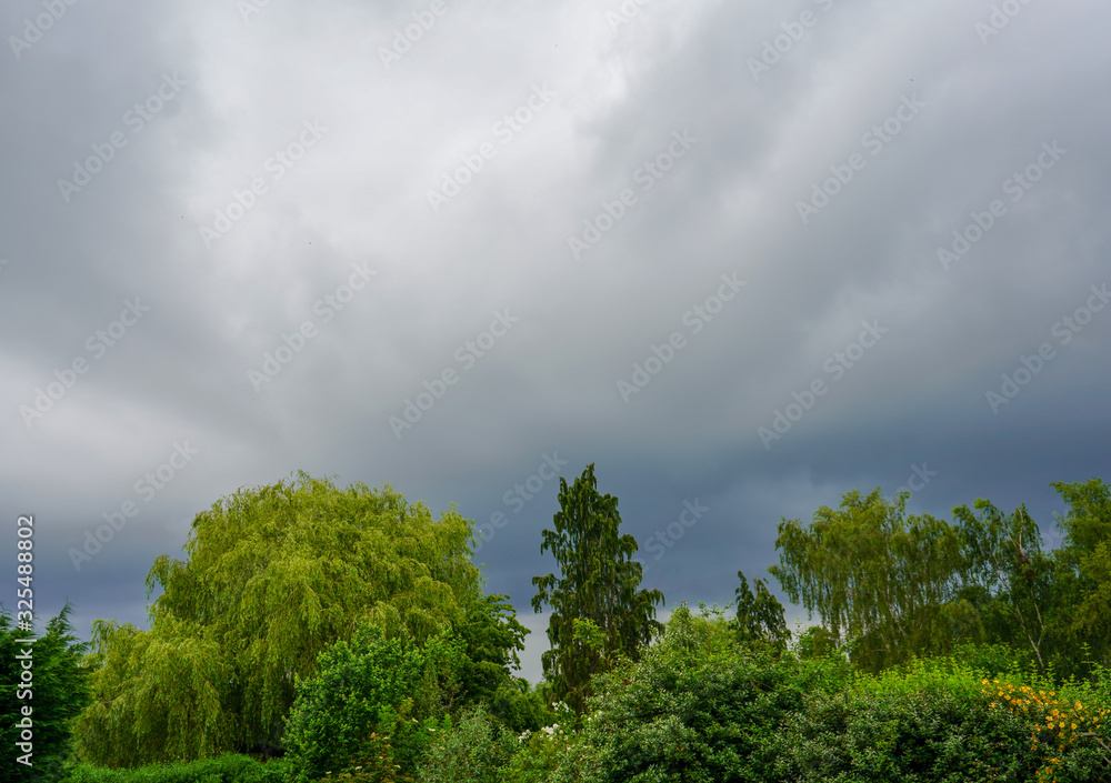 Obraz premium Dark grey stormy clouds over green trees