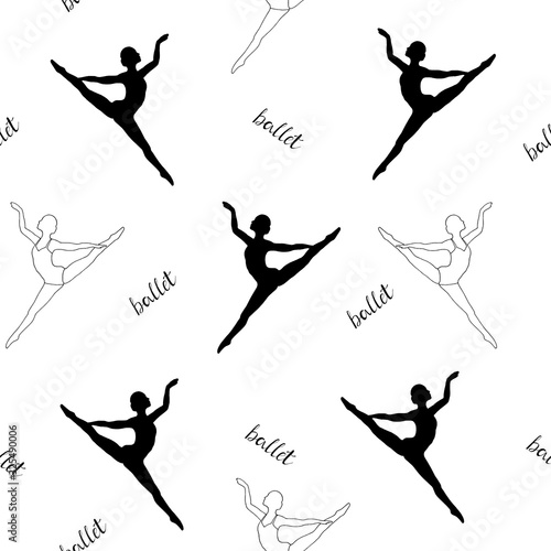 Seamless pattern with ballerinas and handwritten text Ballet on white background.  Good for fabric print, wrapping, wallpapers, etc. Hand-drawn vector illustration.