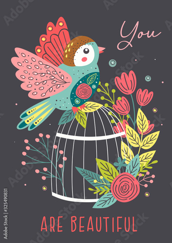 spring floral card with bird on cage  - vector illustration, eps    