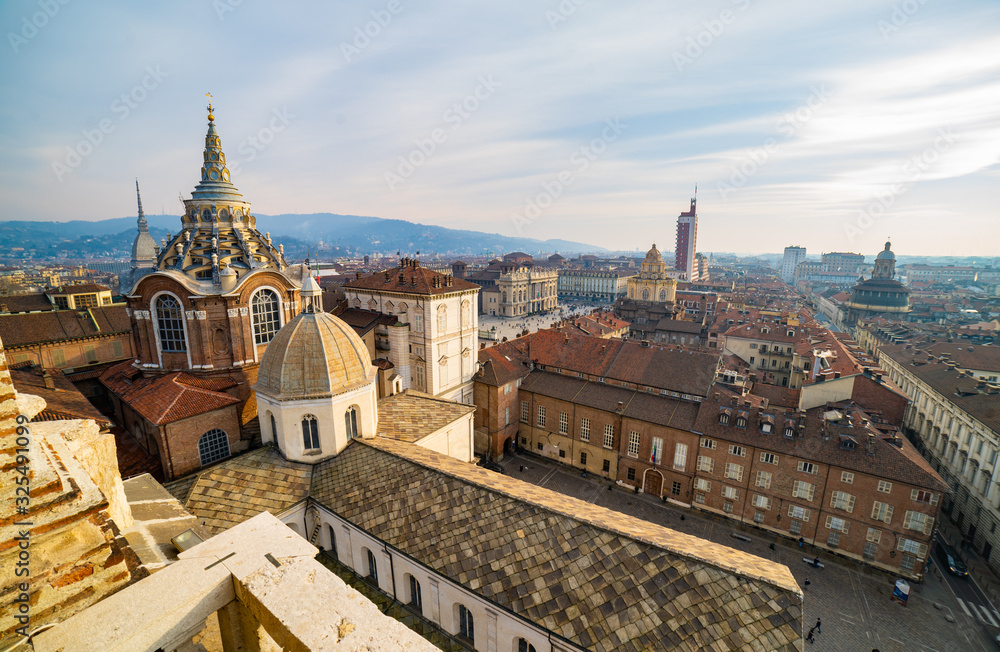 Turin, Torino, aerial skyline panorama with the Alps in the background. Italy, Piemonte, Turin, piedmont, Italy