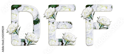 English letters D, E, F from white roses