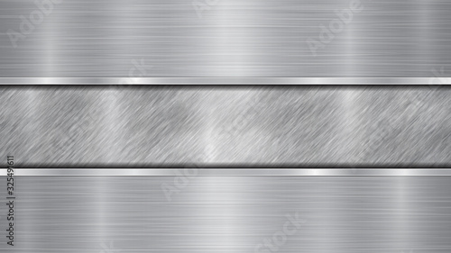 Background in silver and gray colors, consisting of a shiny metallic surface and two horizontal polished plates located above and below, with a metal texture, glares and burnished edges