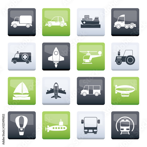 Different kind of transportation icons over color background - vector icon set