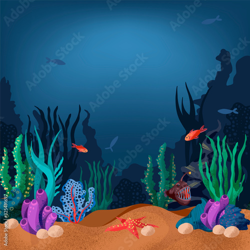 Vector illustration of the seabed with fish and marine plants.