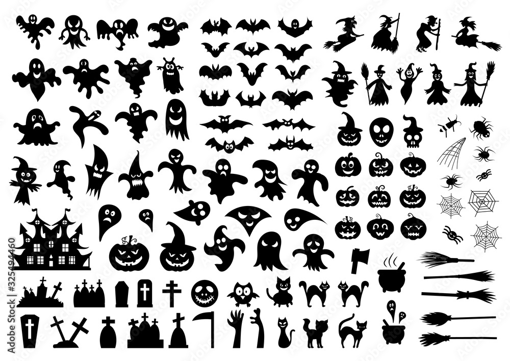 Set of silhouettes of Halloween on a white background. Vector illustration