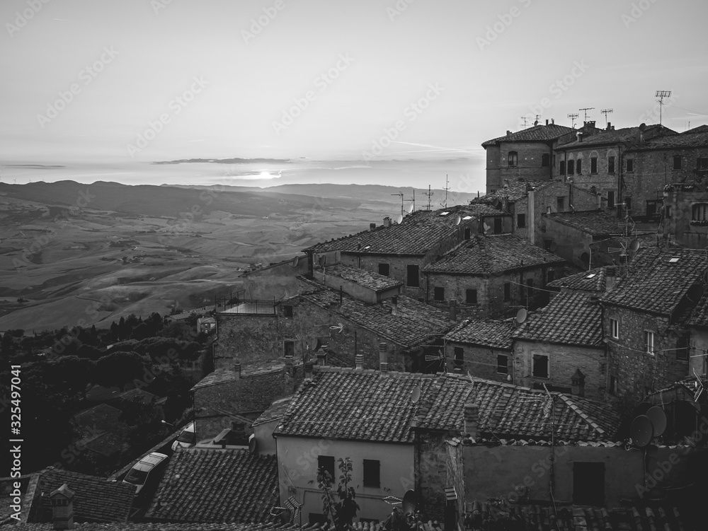 Landscape from the town of Volterra, in Tuscany, at sunset