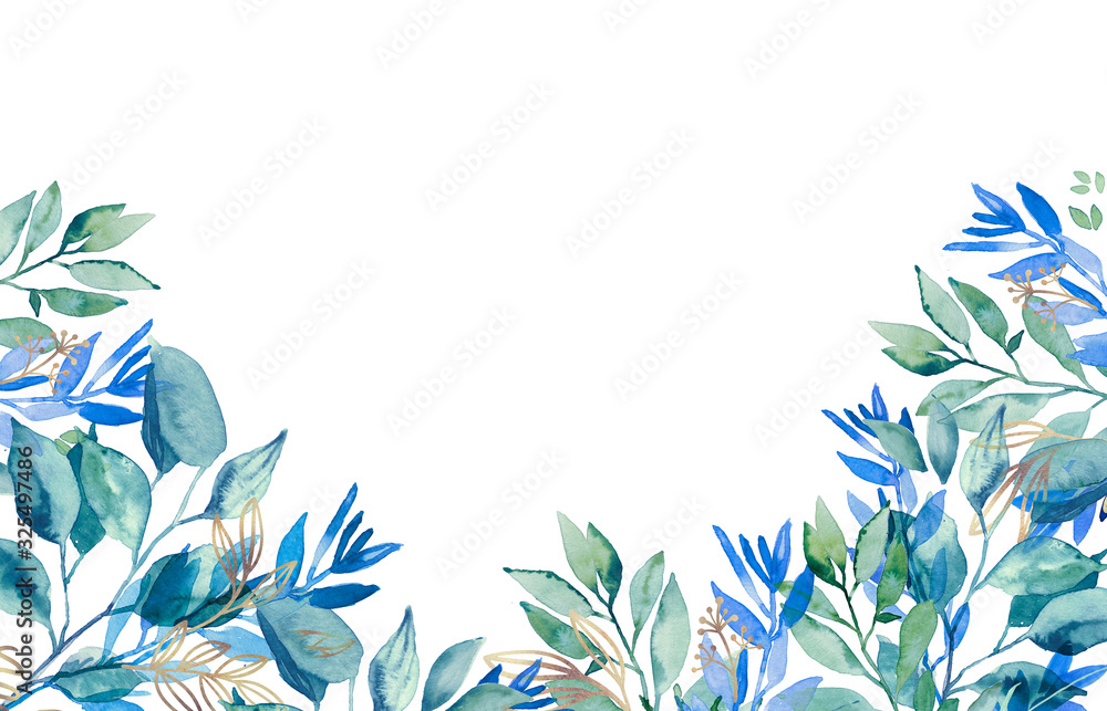 Watercolor hand painted botanical spring leaves and branches illustration frame isolated on white background Watercolor hand painted botanical spring leaves and branches illustration frame isolated on white background