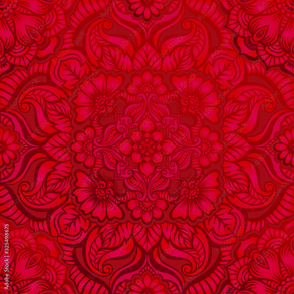 Eastern ethnic motif, traditional indian henna ornament. Seamless pattern, background in red colors. Vector illustration.