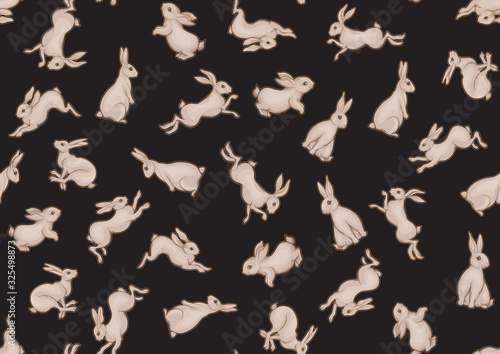 Seamless pattern, background with cute rabbits, hares. Colored vector illustration.