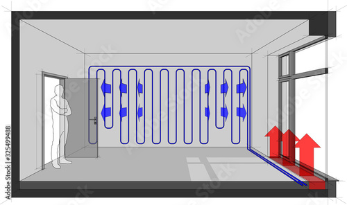 3d illustration of  empty room with door and tall french window and standing man in the opened door and wall cooling and floor convector for heating in front of window