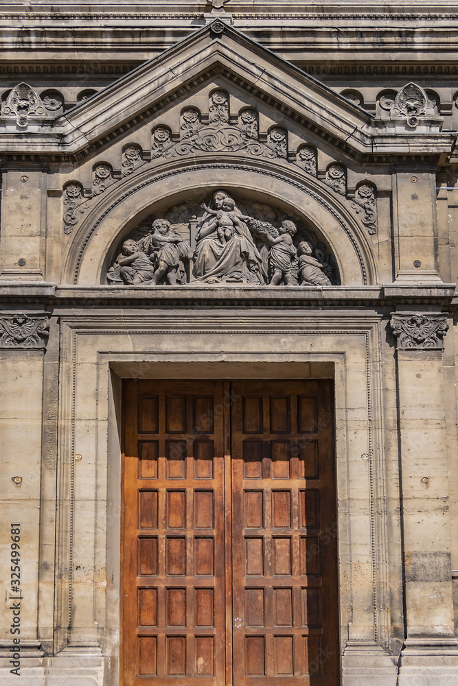 Architectural fragments of Eglise Notre-Dame-des-Champs (Notre-Dame of the Fields, 1876) at boulevard du Montparnasse. Paris, France.