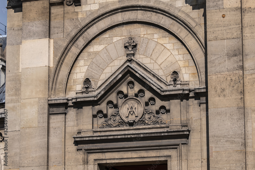 Architectural fragments of Eglise Notre-Dame-des-Champs (Notre-Dame of the Fields, 1876) at boulevard du Montparnasse. Paris, France.