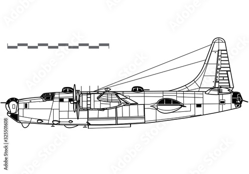Consolidated PB4Y-2 Privateer. World War 2 combat aircraft. Side view. Image for illustration.