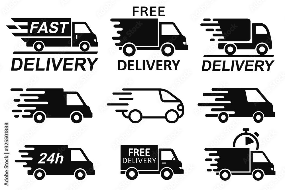 Set free delivery signs, free and fast shipping service icons. Express  delivery trucks icons set, shipment vans pack, courier transport,  distribution and logistic isolated collection signs Stock Vector | Adobe  Stock