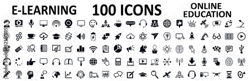 E-learning set icons, online education signs – stock vector