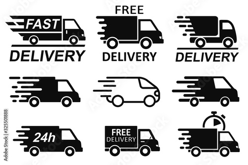 Set free delivery signs, free and fast shipping service icons. Express delivery trucks icons set, shipment vans pack, courier transport, distribution and logistic isolated collection signs