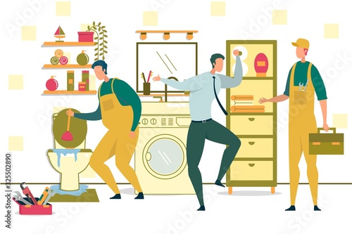 Plumber with Plunger Trying to Break Toilet Bowler