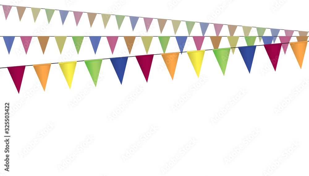 Obraz premium triangular colorful flags on three straight lines making fan, vector of garland isolated on white background