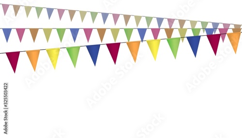 triangular colorful flags on three straight lines making fan, vector of garland isolated on white background