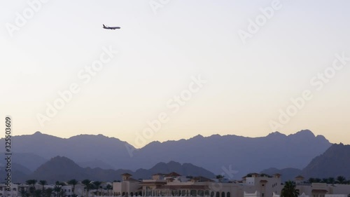 Airplane flying over tropical trees against at dusk. Aircraft is landing to Sharm el Sheikh International Airport 4k photo