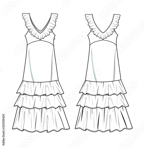 3D vector fashion woman dress tiered frill summer