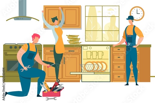 Happy Woman Rejoice for Plumbers Repair Dishwasher