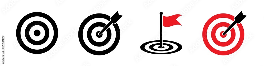 Targets set of icons isolated on white background. Black vector signs. Vector isolated black icons. Goal concept icons.