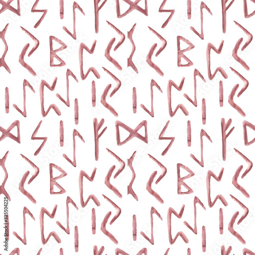 Runes magic watercolor scandinavian style seamless pattern on white background for design and print.
