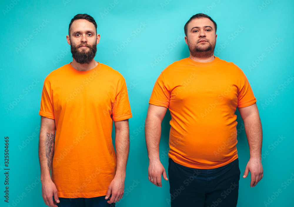 Portrait of man before and after weight loss. Sport or fast food. Sport motivation. Rejection of unhealthy lifestyle. Vegetarian, before after. Portrait of man before and after weight loss. Sport or fast food. Sport motivation. Rejection of unhealthy lifestyle. Vegetarian, before after.