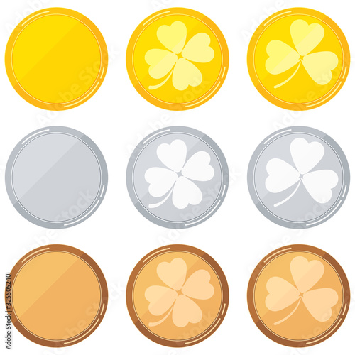 Round blank templates set with clover - gold, silver, bronze isolated on white background.