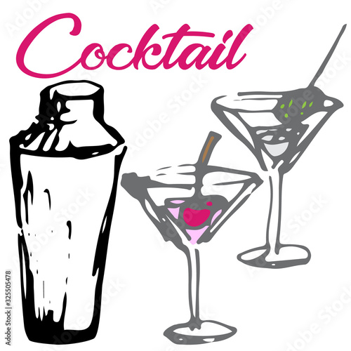 Vector illustration of cocktail shaker and martini glasses with lettering sketched