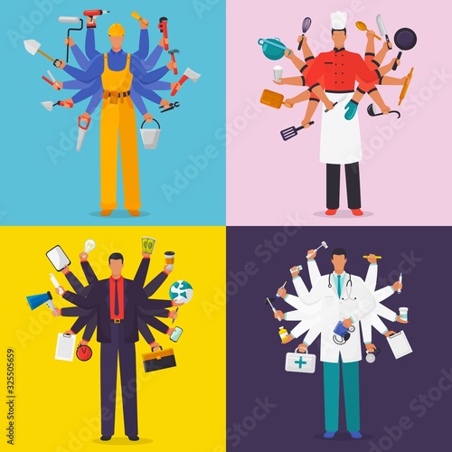 Busy men with many hands vector illustration. Professional men in working suits with twelve hands holding instruments. Builder, chef, doctor and businessman handling multitasking and multi skill.
