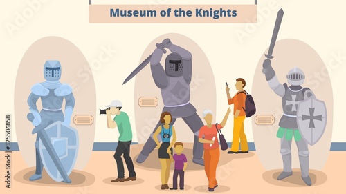 Museum of knights vector illustration. Different people men, women, child visitors to museum exposition of medieval knighthood chivalry. Family educational pastime, sightseeing.