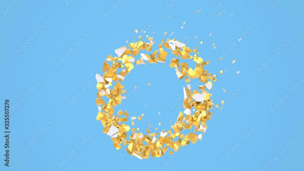 Broken white font isolated on blue background with golden fragments. Shattered bold capital letters. Broken white font isolated on blue background with golden fragments. Shattered bold capital letters.