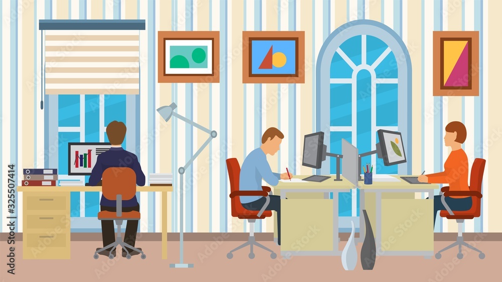 Office staff working business team workplace vector illustration. People man, woman employee sitting at computer desks by job in open space corporate company room interior. Office staff working business team workplace vector illustration. People man, woman employee sitting at computer desks by job in open space corporate company room interior.