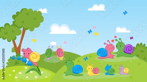Happy couple, family of snails animals on nature vector illustration. Cartoon colorful cute smiling adult snails, mother with children walk on grassland. Flowers, trees, butterflies.