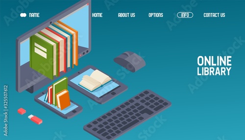 Online library website design, read books on computer, phone and tablet, vector illustration. Internet bookstore landing page template, online library concept. Download digital books from website