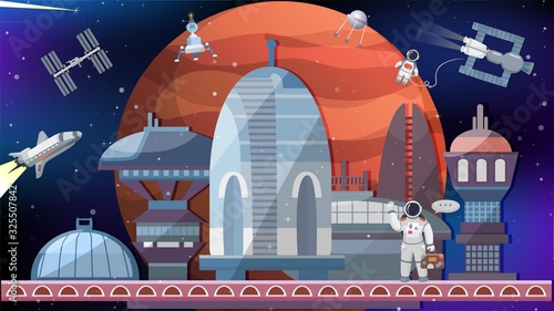 Space exploration and commercial flights tours cosmic tourism concept. Spaceport of future cartoon vector illustration. Spaceships, launching pad, astronauts, satellites, planet.