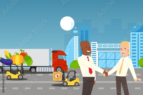 Business partners shaking hands, successful agreement, vector illustration. Food delivery logistic transportation, businessman cartoon character people. Profitable partnership, company business deal © Vectorvstocker