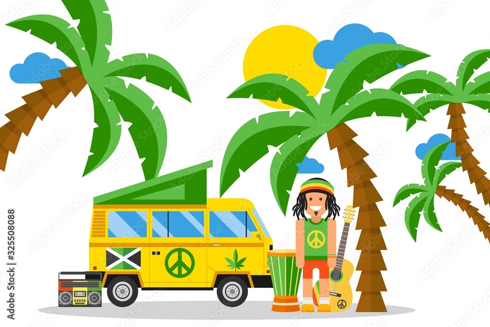 Rastafarian cartoon character on Jamaica, hippie van and musical  instruments, vector illustration. Simple flat style scene, summer leisure  on tropical island, Jamaican culture and reggae music Stock Vector | Adobe  Stock