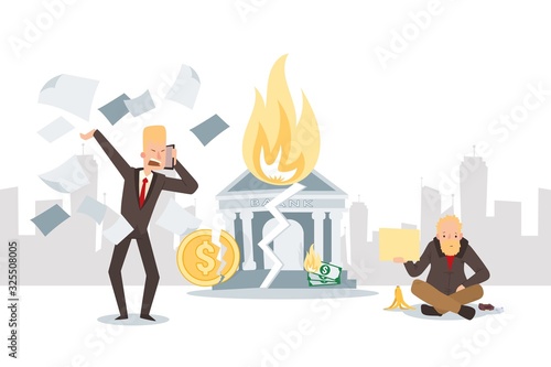 Financial crisis, business bankruptcy and unemployment, vector illustration. Angry businessman cartoon character talking on the phone, burning bank and cracked coin. Jobless people in business crisis