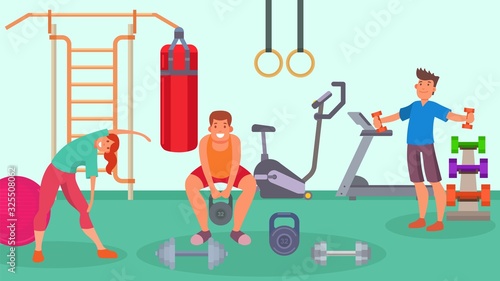 Gym, fitness, sport equipment for training and people man, woman vector illustration. Healthy exercises, workout, body activity for athletes. Gyms treadmill, bike, swedish wall. Dumbbells, weights.